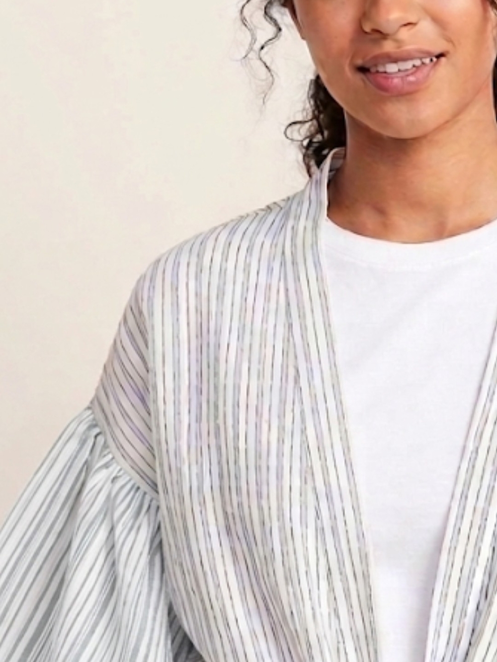 a striped open-front kimono/swim cover-up with tiered ruffle sleev